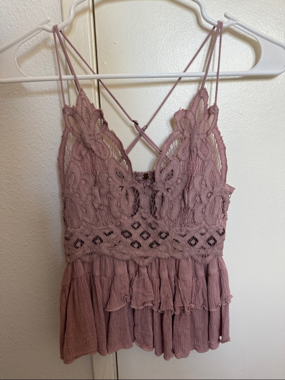 Free People Mauve Lace Crochet Babydoll Tank Top